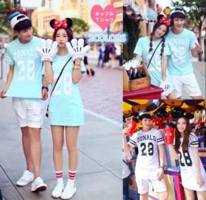 2COLORS T-shirt disney　ディズニー ペアルック カップル Tシャツ トップス Ｔシャツワンピース ドナルドダック半袖 夏 夫婦 お揃い 旅