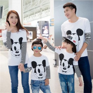 親子Tシャツ T-shirt Disney ディズニー 親子ペア ミッキー 原宿風 縞模様 Mickey トレーナー動画丸襟ペアルック お揃い 家族旅行