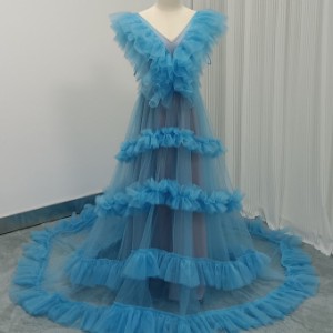 豪華！爽やかで優しいブルー カラードレス Vネック 柔らかく重ねたチュールスカート 妊婦 前撮り