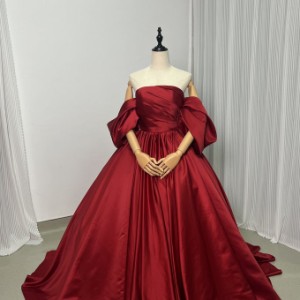 豪華！ウエディングドレス 赤 プリンセスライン オフショルダー ドロップショルダー ベルト 結婚式/披露宴