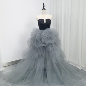 カラードレス ブルーグレー ベアトップ チュールスカート 前撮り デザイン感