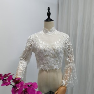 フランス風 ボレロ フレア袖 花柄のモチーフ刺繍が美しく くるみボタン ウェディングドレス