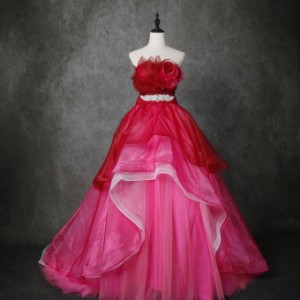 美品！花モチーフ 柔らかく重ねたチュールスカート ベアトップ フランス風 カラードレス 花嫁 前撮り