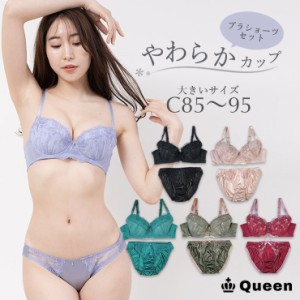 大きいサイズ ブラジャー ショーツセット 上下セット ブラセット レディース 下着 C85 C90 C95 やわらか 刺繍レース ぽっちゃり ソフト (