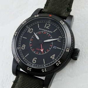 訳あり 箱なし 付属品なし バーバリー 時計 メンズ 腕時計 ユティリタリアン ブラック カーキ グリーンレザー デイカレンダー GMT BU7855