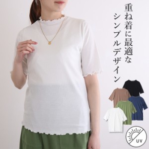 ハイネック 半袖 インナー tシャツ レディース 夏 無地 トップス カットソー 春夏 オフィス おしゃれ カジュアル 黒 フリル 白 リブ 伸縮