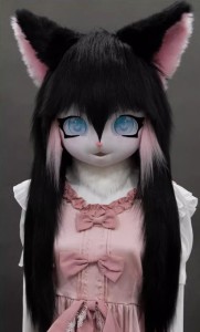 着ぐるみヘッド 猫 黒とピンク 全頭ヘッド ケモノ マスク ファースーツ ぬいぐるみ コスプレ コスチューム