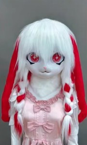 着ぐるみヘッド 真っ黒い ウサギ耳 黒と白 兎面 全頭ヘッド