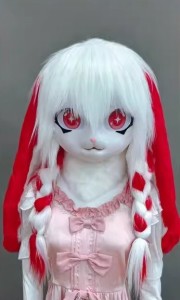 着ぐるみヘッド ウサギ 赤 兎面 垂れ耳 全頭ヘッド ケモノ マスク ファースーツ ぬいぐるみ コスプレ コスチューム