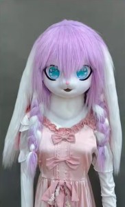 着ぐるみヘッド ウサギ 紫 白耳 兎面 垂れ耳 全頭ヘッド ケモノ マスク ファースーツ ぬいぐるみ コスプレ コスチューム