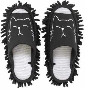 スリッパ　モップスリッパ　洗える　ネコ刺繍（ブラック）ＢＫ お掃除スリッパ　室内履き　ルームシューズ マイクロファイバー　猫 ねこ 