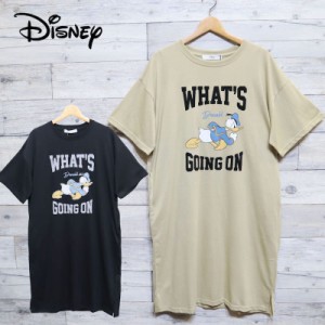 【送料無料】レディース Disney ディズニー 半袖 ワンピース Tシャツワンピ チュニック ドナルドダック プリント ポケット付 ワイドシル