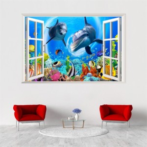 ウォールステッカー AFC023　3D窓　海底　イルカ　魚　珊瑚　癒す　DIY 壁紙　インテリアシート　剥がせるシール　送料無料