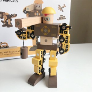 木のおもちゃ　ロボット パズル シリンダー ブロック　積み木 磁石ブロック 立体 パズル　キッズ　知育玩具 おもちゃ  木製おもちゃ ギフ