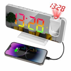  カラーデジタルLED時計 ミラー目覚まし時計 デジタル投影クロック 多機能時計 温湿度計 アラーム・投影・携帯充電可　スヌーズ機能付き 