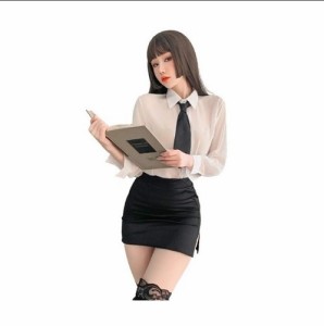 OL風 秘書 女教師 コスプレ セクシー シースルー コスチューム ミニスカート ネクタイ ストッキング付き 5点セット フリーサイズ