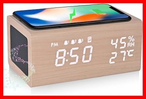Electime 目覚まし時計 めざまし スピーカー Bluetooth5.0 ワイヤレス充電器 3組アラーム 木目 置き時計 デジタル 卓上 湿度 温度計機能 