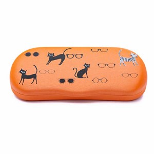 MIDI-ミディ メガネケース ネコとめがね柄 ハードケース オレンジ 眼鏡拭き セット (p-09506-c2，p-k0055)