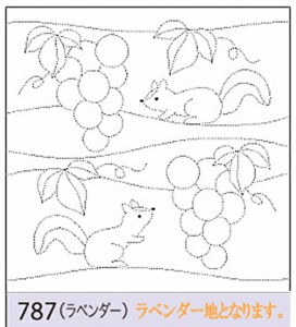 刺し子 リハビリ（作業療法）花ふきん布パック　ぶどうとリス（ラベンダー）