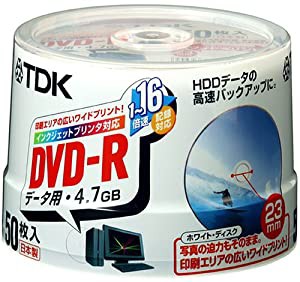 TDK DVD-Rデータ用 1-16倍速対応ホワイトプリンタブル(ワイド) ポットケース入り50枚パック [DVD-R47PWDX50PT](中古品)