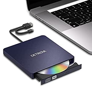 DETROVA DVDドライブ 外付け 外付けDVD/CDドライブ DVDレコ CD/DVD-Rプレイヤー USB3.0&Type-C両用ケーブル Window/Linux/Mac OS