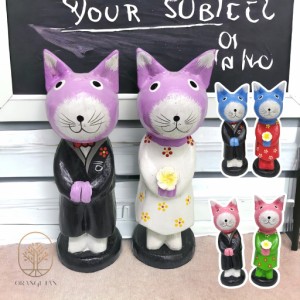 10002618　ウェディング　ネコの木彫り　3カラーあり　カップルネコ　猫　結婚祝い　贈り物　猫の置物　アジアン雑貨