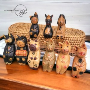 10001471　ネコ　牛　くま　猫　木彫り　アニマル　バリ雑貨　バリ木彫り　アニマル置物　アジアン