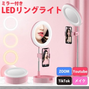 LEDリングライト 携帯用 ミラー付き ピンク スタンド付き スマホホルダー付き LEDサークルランプ 自撮り フィルリングライト LT-RG004