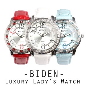 【BIDEN バイデン】日本製ムーブメント 華やかラインストーン レザーベルト BD002 レディース腕時計 送料無料