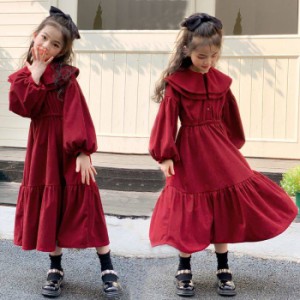 女の子ドレス秋と冬二層ドールカラーコットンコーデュロイドレスロングウエストランタンスリーブドレス