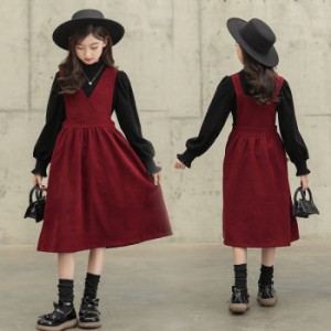 サスペンダースカート韓国風ドレス女の子用フライングハイカラージャーマンベルベットボトムシャツ 