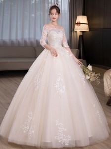 ウェディングドレス プリンセスライン 花嫁 ロングドレス プリンセスドレス シャンパン ロングスリーブ レース お嫁さん 結婚式 編み上げ