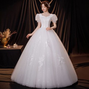 ウェディングドレス プリンセスライン ロングドレス プリンセスドレス 花嫁 ホワイト パフスリーブ お嫁さん 結婚式 編み上げ シンプル 