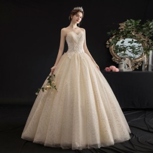 ウェディングドレス ワンショルダーネック 可愛い 花嫁 フランス風 ロングドレス プリンセスドレス シャンパン おしゃれ お嫁さん 結婚式