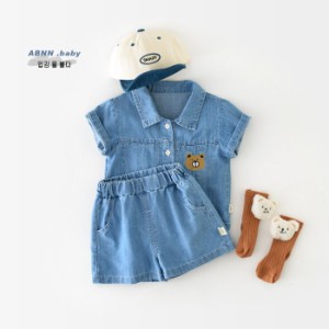 男の子上下セット ベビー服 スーツ 夏 キッズ カジュアル 熊柄 デニムセットアップ 子供服 おしゃれ セットアップ 韓国風トップス お出掛