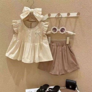 女の子 夏 スーツ カジュアル 新品 子供服 おしゃれ 2点セット トップス 袖なし ショートパンツ 無地 安い