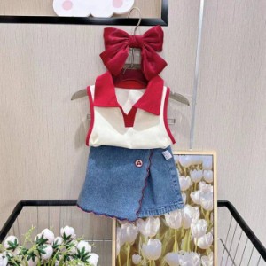 女の子スーツ 夏 上下セット キッズ カジュアル 新品 子供服 おしゃれ 2点セット トップス デニムスカート 安い