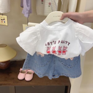 女の子スーツ 夏新品 夏服 キッズ カジュアル 可愛い ベビー服 プリント柄 子供服 おしゃれ トップス ボトムス 韓国風 デニムパンツ