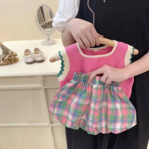 女の子 夏 スーツ カジュアル 新品 子供服 おしゃれ 2点セット トップス 甘い チェック柄 ピンク パンツ 安い