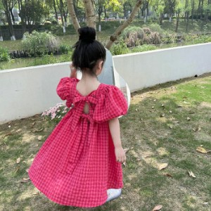 ワンピース キッズ ワンピ レッド チェック柄 可愛い 子供服 ベビー服 赤ちゃん 森ガール 韓国風 誕生日 七五三 パフスリーブ 23s春夏新