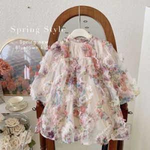 子供服ワンピース春の新モデル2024韓国版ヤンチャ女の子ベビーパフスリーブ花柄プリンセススカート
