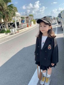 キッズ スーツ 可愛い 2点セットアップ ブラック ロゴ スカート 子供服 受験用 ベビー服 赤ちゃん 韓国風 誕生日 七五三 新品 長袖 ガー