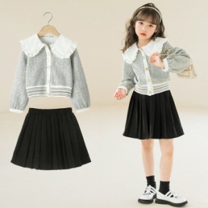 キッズセットアップ 子供服 春秋服 女の子 無地 灰色 黒色 2点セットアップ トップス スカート 長袖 カジュアル 韓国子ども服 お出かけ 