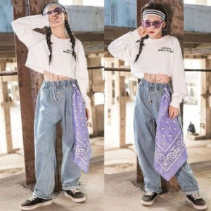 デニムパンツ キッズ ダンス衣装 セットアップ ヒップホップ HIPHOP 長袖 トップス パンツ ズボン 男の子 女の子 子供服 ステージ衣装 練