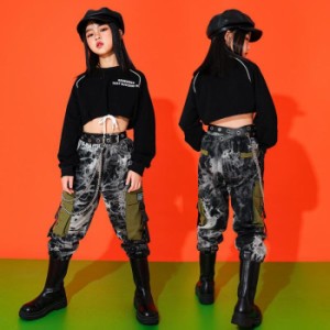 ダンス衣装 キッズ ガールズ ジャズダンス ヒップホップ 迷彩パンツ 韓国 HIPHOP トップス 黒 へそ出し チアガール 応援団 ステージ衣装 