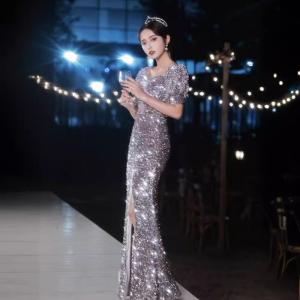送料無料 イブニングドレス シャンパン色 ロングドレス 結婚式ドレス 