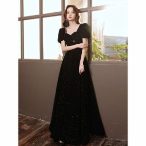 ブラックドレススカートの女性春の宴会気質セレブが軽装でニッチなフレンチ ロングドレス成人式