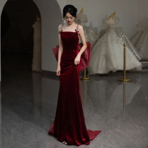 フィッシュテールの ブライダル2023新作エンゲージメント赤いイブニングドレスワンピース高級感 マーメイドラインドレス