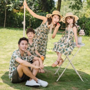 【girl/boy 】親子 アロハシャツ 親子コーデ 上下セット カップル 親子ペア ペアルック 夏服 お揃い アロハ ワンピース リゾートワンピー