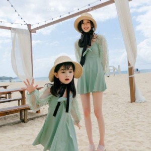 女の子水着 親子ペアルック 体型カバー 親子コーデ 緑色 子供水着 夏 ビーチ 海 温泉 UVカット ママ水着 レディース水着 プール 水泳 夏